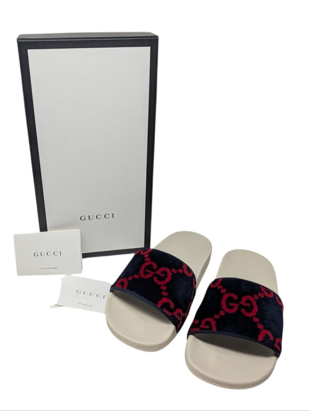 Gucci Navy/Red Monogram Terry Cloth Velvet Slide Sandals Size EU 38